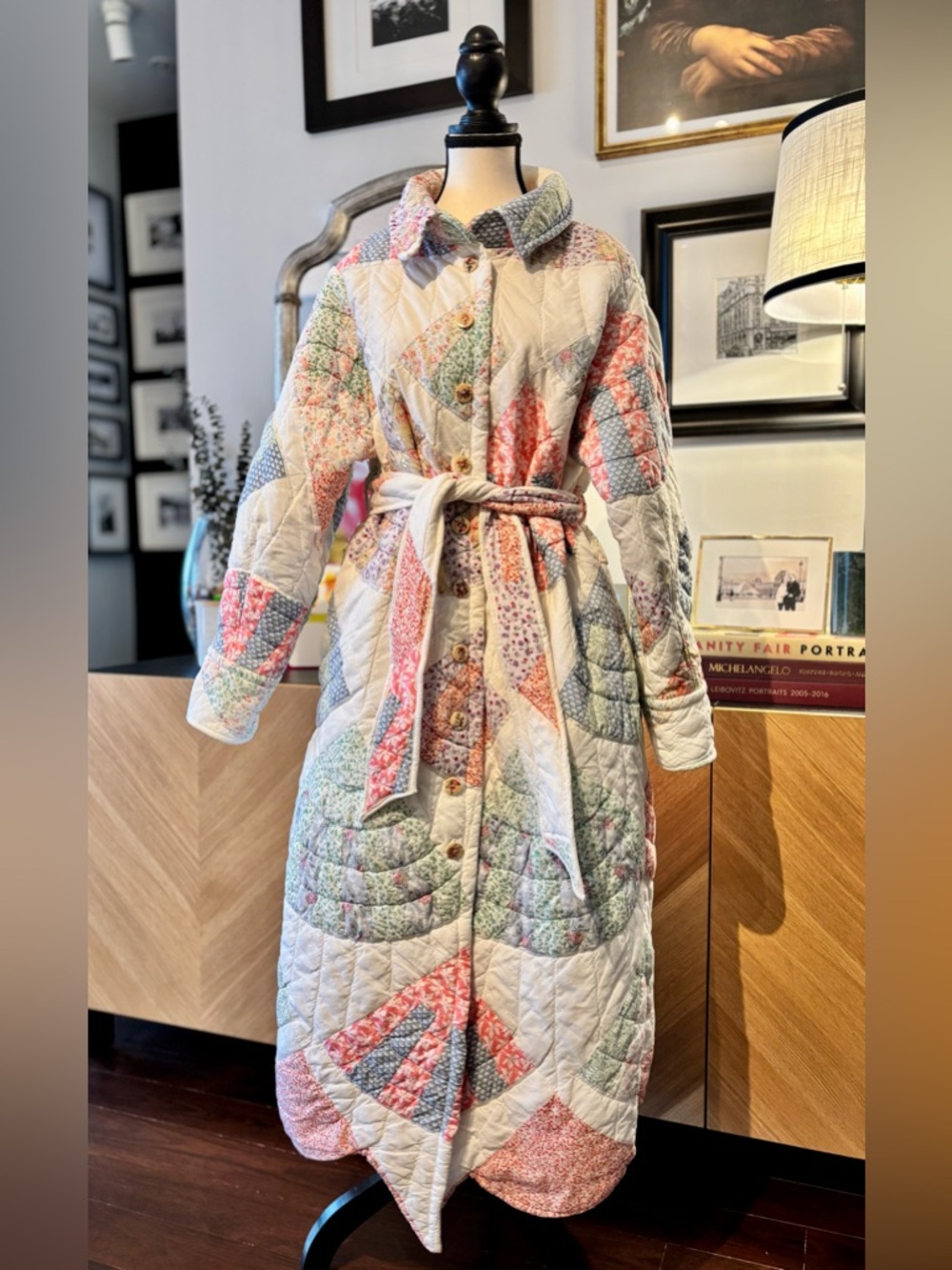 💕SOLD 🧵HANDMADE Fan Patchwork Long Quilt Belted Coat in Pastel Floral S/M - Picture 5 of 16